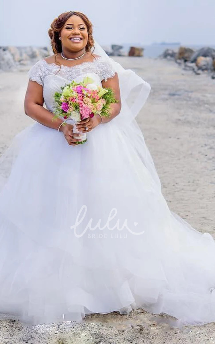 Lace Tulle Ball Gown Wedding Dress with Bateau Neckline and Buttons