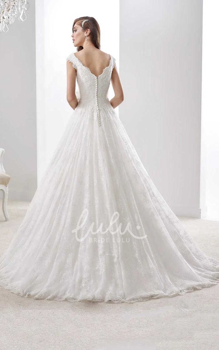 Floral V-Neck A-line Wedding Dress with Cap Sleeves and V Back Elegant Wedding Dress 2024 Women's Flowy