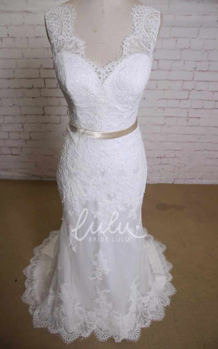 Lace Mermaid Wedding Dress with V-Neck and Satin Sash Elegant Bridal Gown