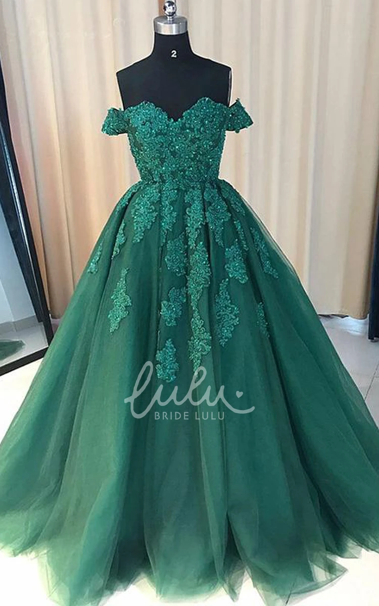 Lace Tulle Ball Gown Formal Dress with Cap Sleeves and Sweep Train