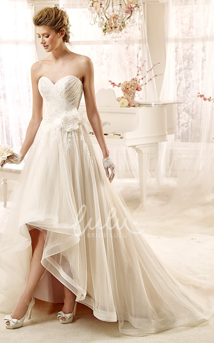 High-Low Sweetheart Wedding Dress with Flower and Ruching Detail