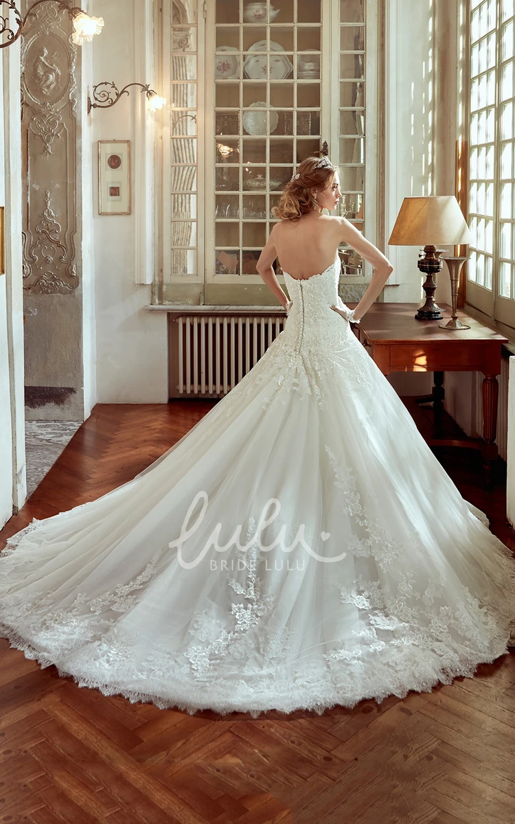 A-line Wedding Dress with Brush Train and Appliqued Bodice Sweetheart Classic