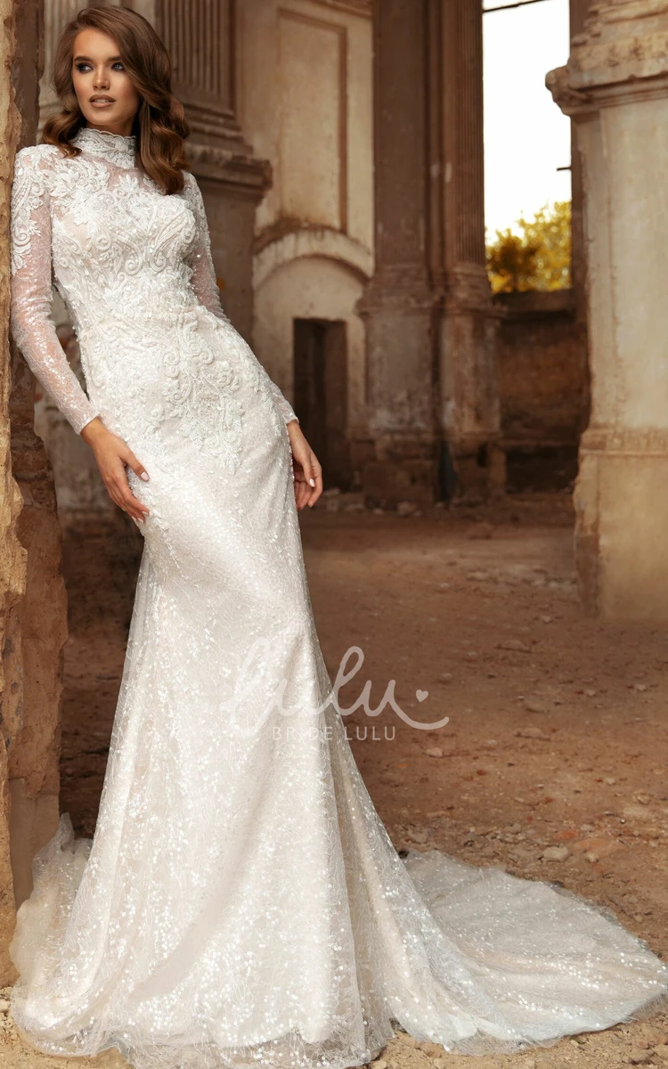 Modern Long Sleeve Lace Wedding Dress with Court Train Sheath and Appliques