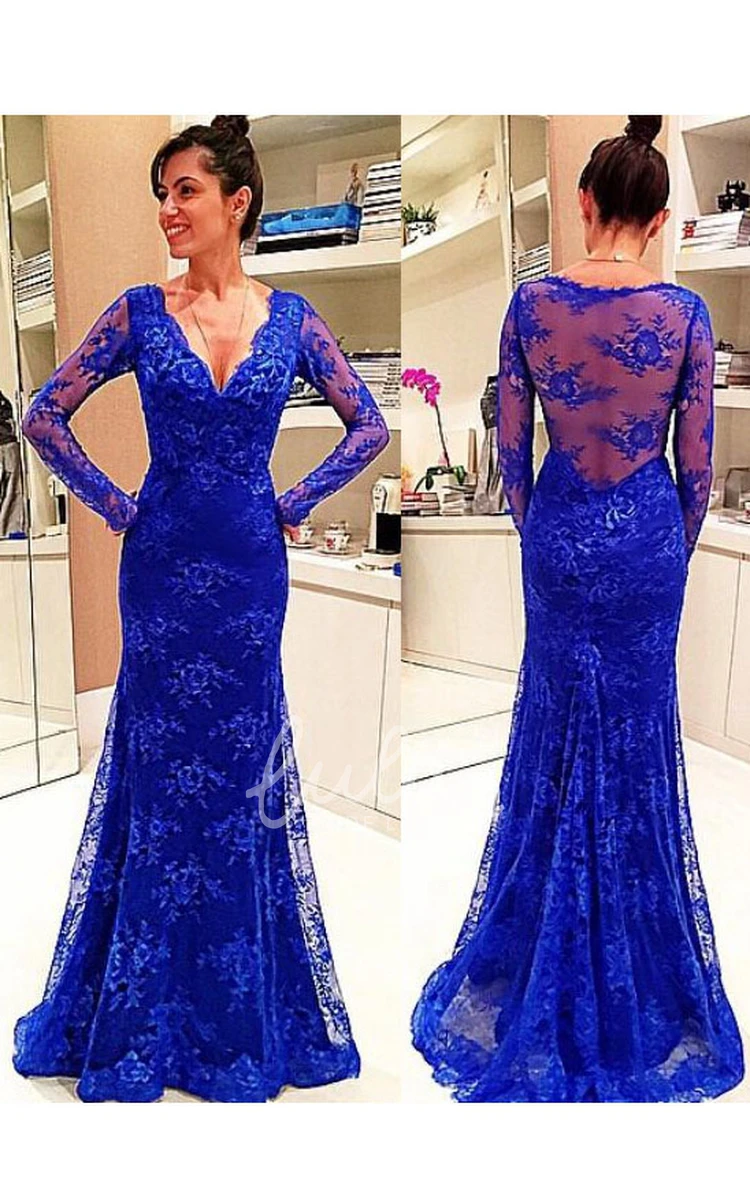 Illusion Back V-Neck Lace Formal Dress with Long Sleeves