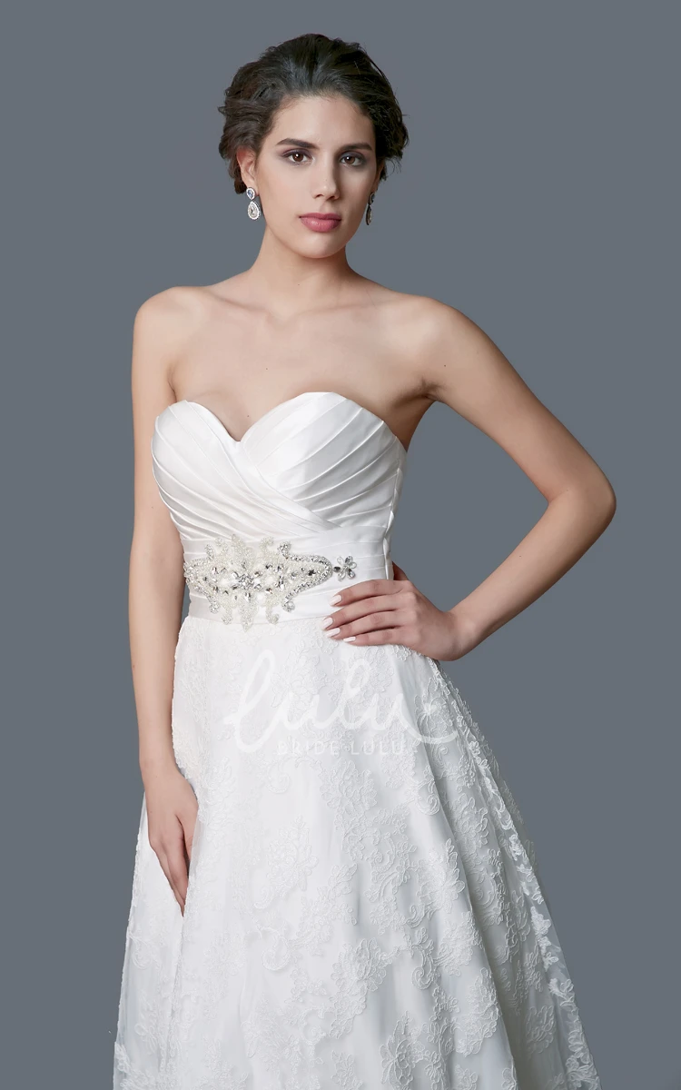 Satin and Lace A Line Wedding Dress With Belt Sweetheart & Modern