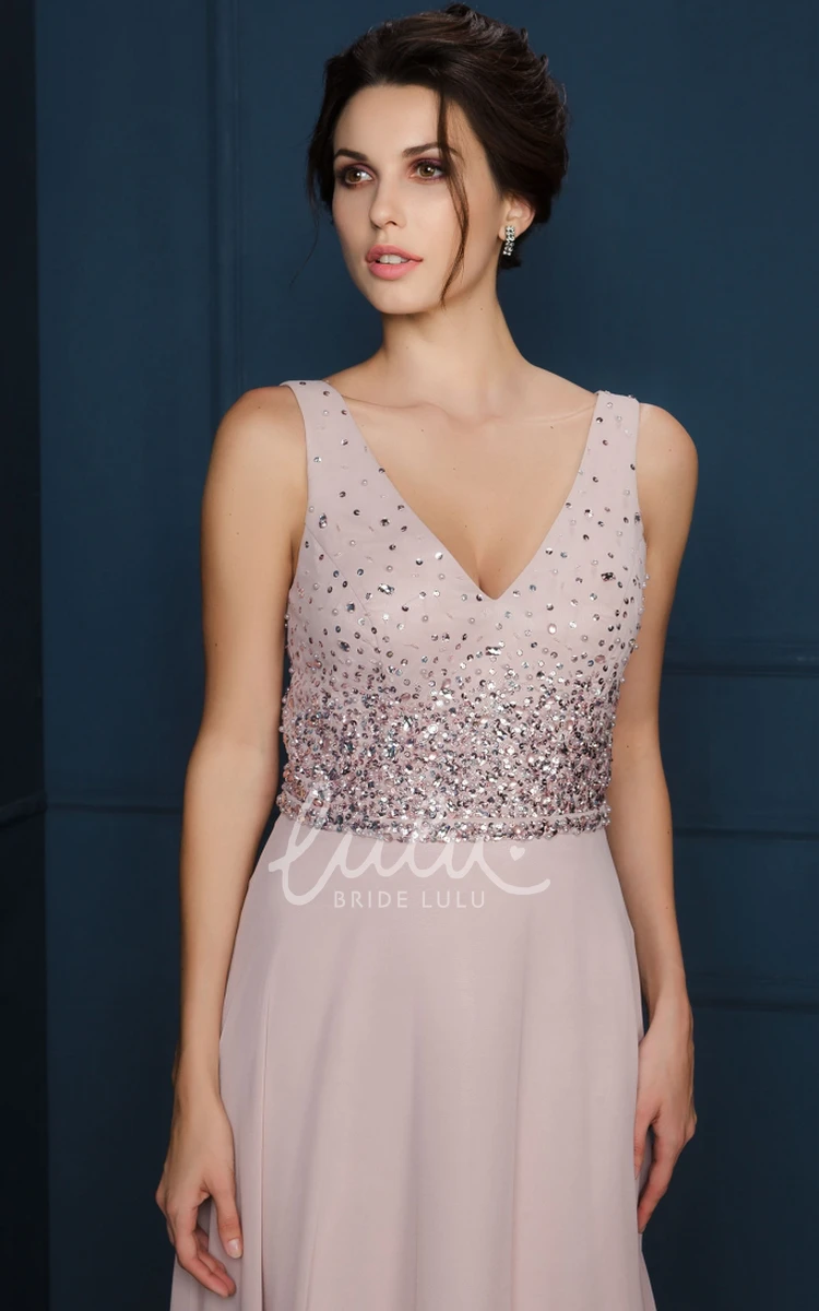 Beaded V-Neck Sleeveless A-Line Chiffon Evening Dress Classy Prom Dress