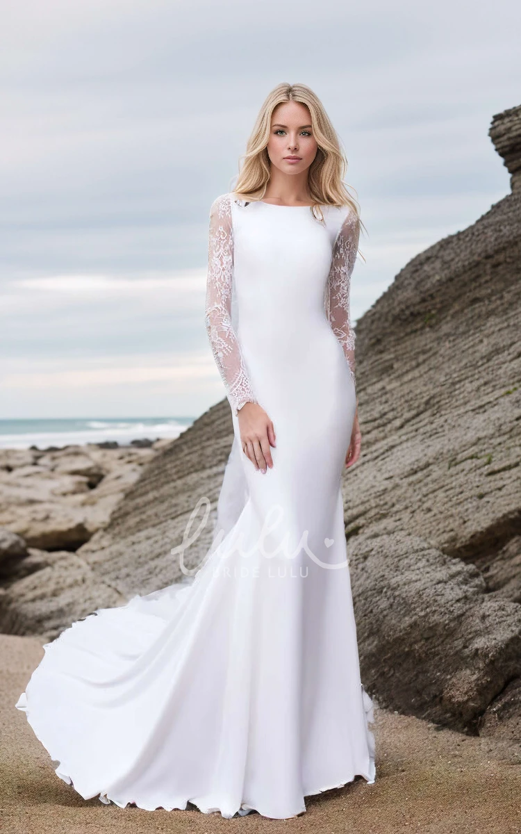 Fall Beach Simple Mermaid Satin Long Sleeve Wedding Dress Modern Flowy Elegant Boat Neckline Button Back Floor Length Bridal Gown with Chapel Train