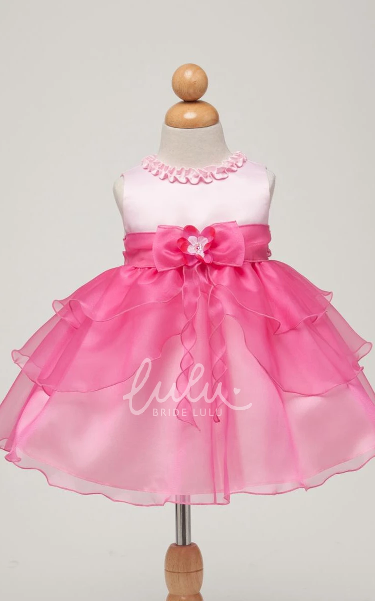 Organza Satin Sleeveless Bow Tea-Length Flower Girl Dress Simple Wedding Dress for Girls