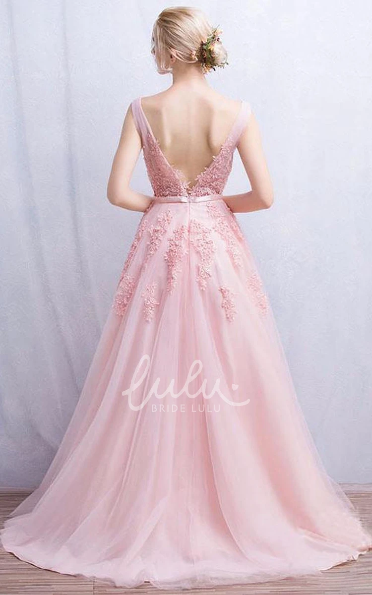 Sleeveless Appliqued Tulle Formal Dress with V-Neck Elegant & Unique