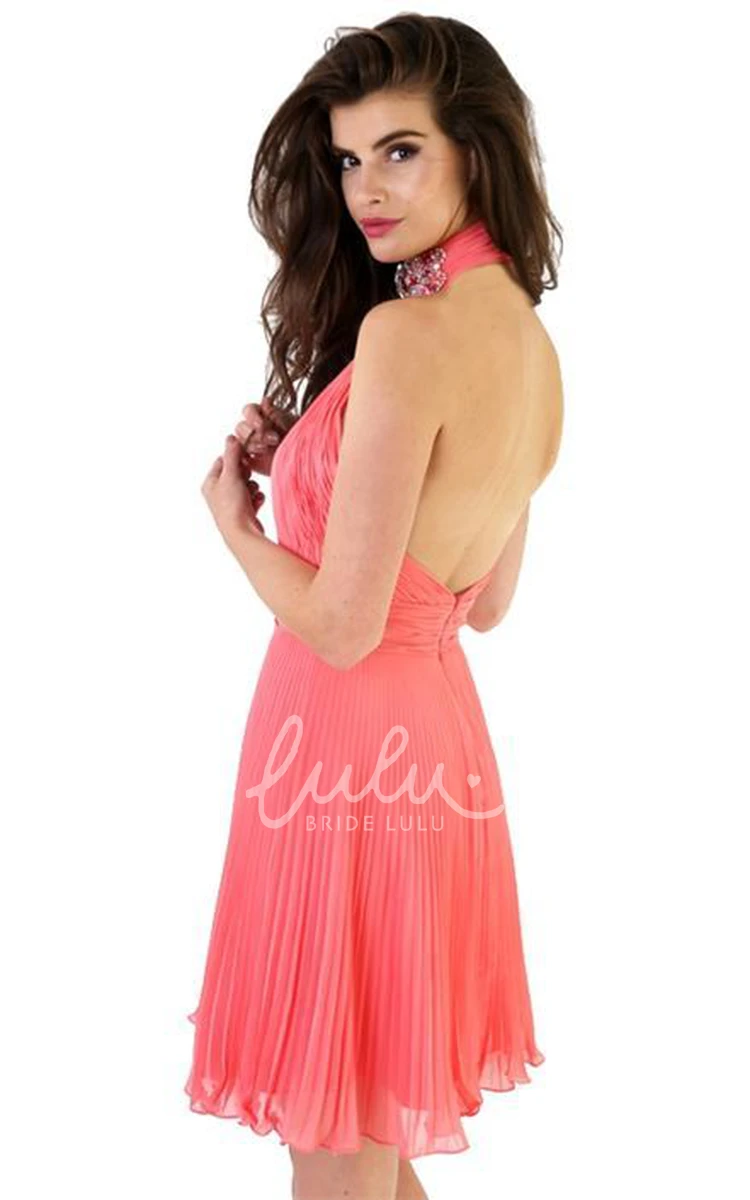 High-Neck Pleated Mini Chiffon Prom Dress Flowy Cocktail Dress for Women