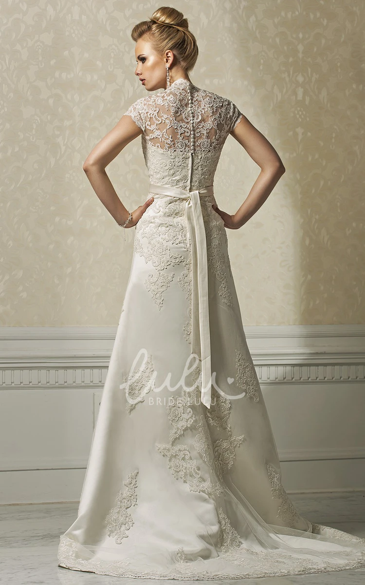 Cap-Sleeve Lace Applique A-Line Wedding Dress with Ribbon Elegant Wedding Dress