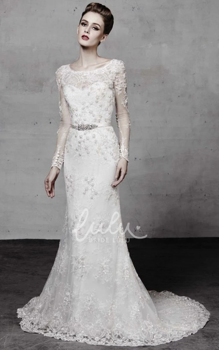 Jeweled Scoop Neckline Lace Wedding Dress with Long Sleeves