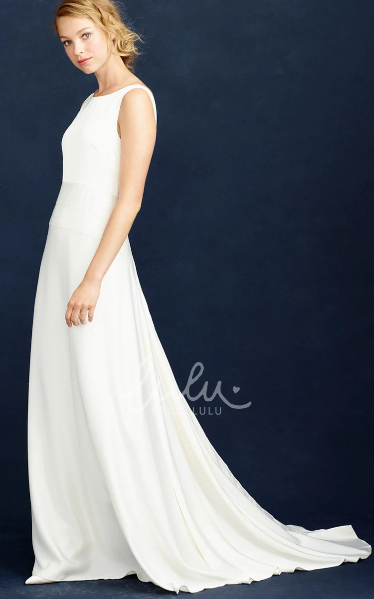 Satin Chiffon Sheath Wedding Dress with Scoop Neck and Sleeveless Design