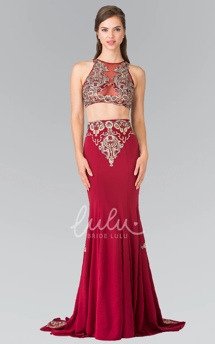 Two-Piece Jersey Illusion Prom Dress with Appliques Sheath Maxi Jewel-Neck