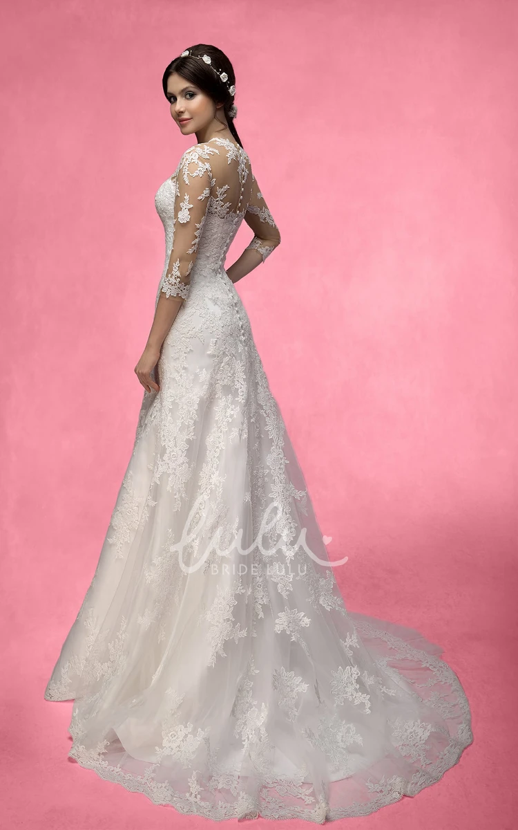 Illusion Lace Mermaid Prom Dress with Appliques and 3/4 Sleeves