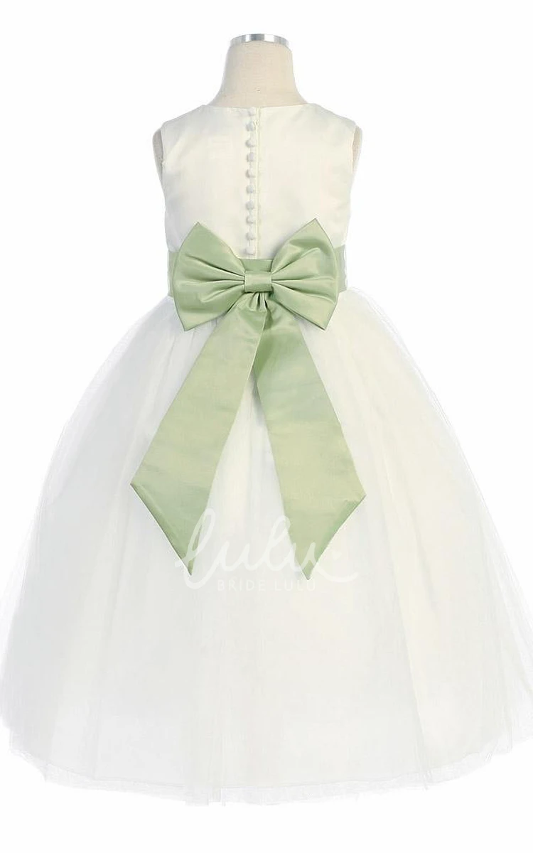 Sleeveless Tea-Length Tulle&Satin Flower Girl Dress with Bow Elegant Wedding Dress
