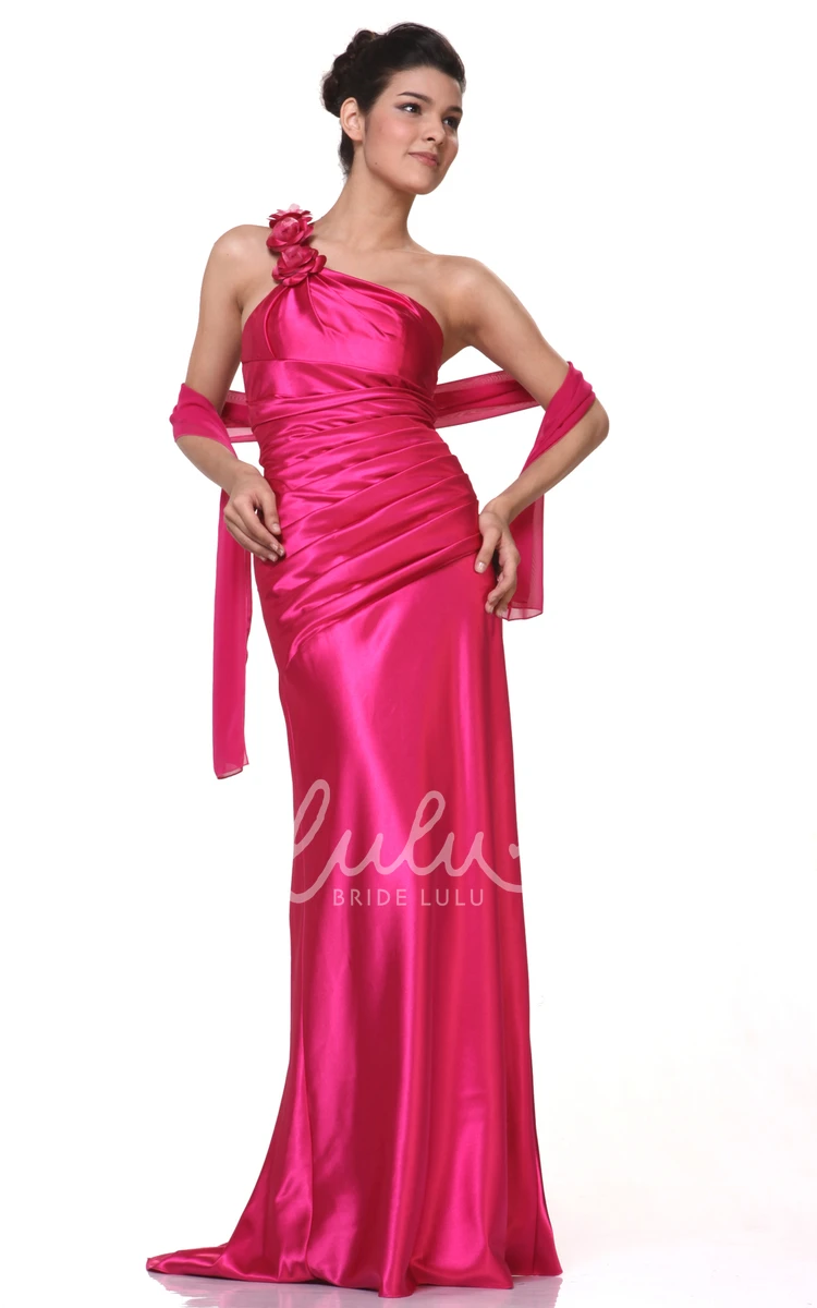 Satin One-Shoulder Prom Dress with Flower and Ruching