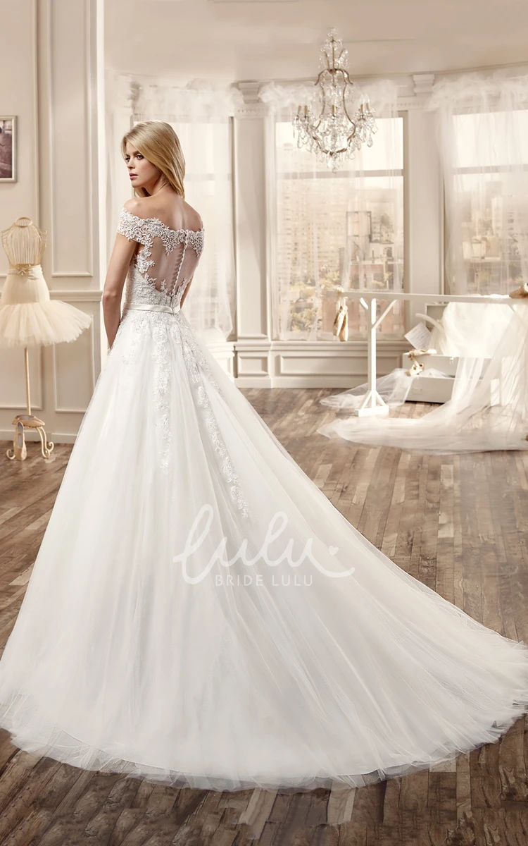 Lace Off-Shoulder A-Line Wedding Dress with Deep-V Romantic Bridal Gown