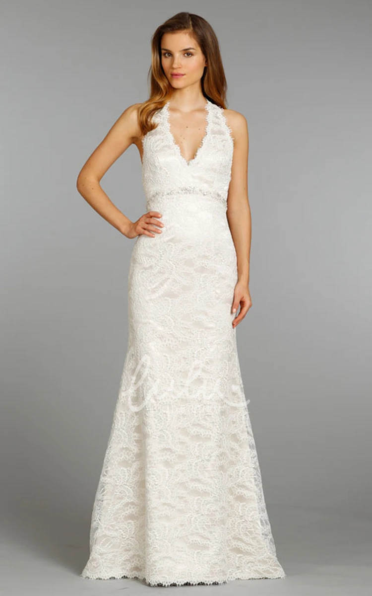 Lace V-Neckline Wedding Dress with Beaded Belt Captivating Floor Length