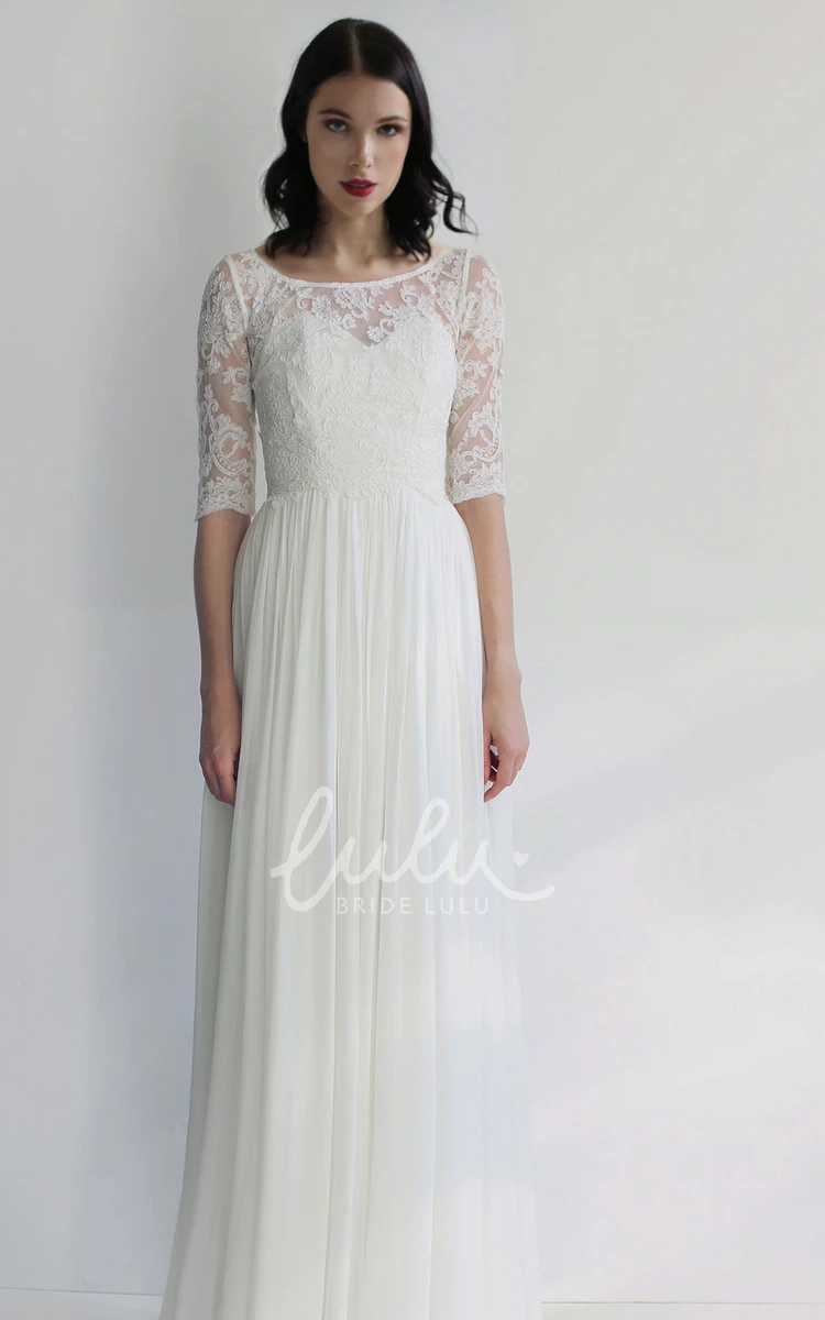 Sheath Chiffon Half-Sleeve Bridal Gown with Bateau Neckline