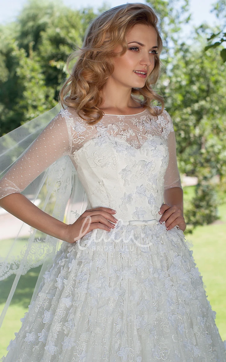 Tulle A-Line Wedding Dress with Bateau Neckline and Half Sleeves