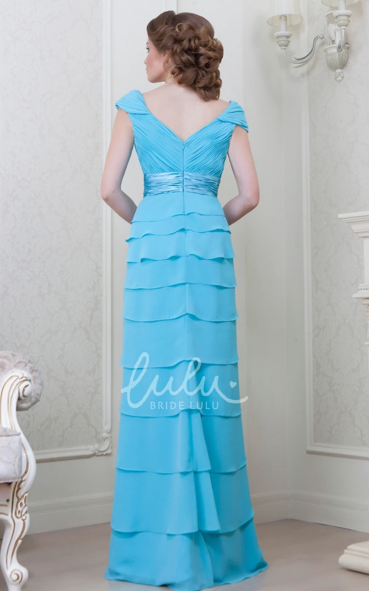Long Jeweled Chiffon Bridesmaid Dress with V-Neck Ruching and Tiers
