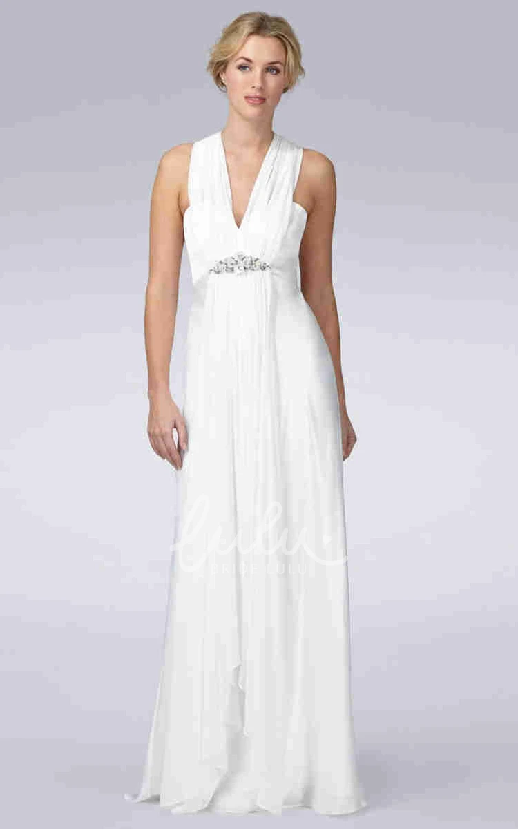 Pleated V-Neck Sheath Chiffon Wedding Dress with Broach Simple Bridal Gown