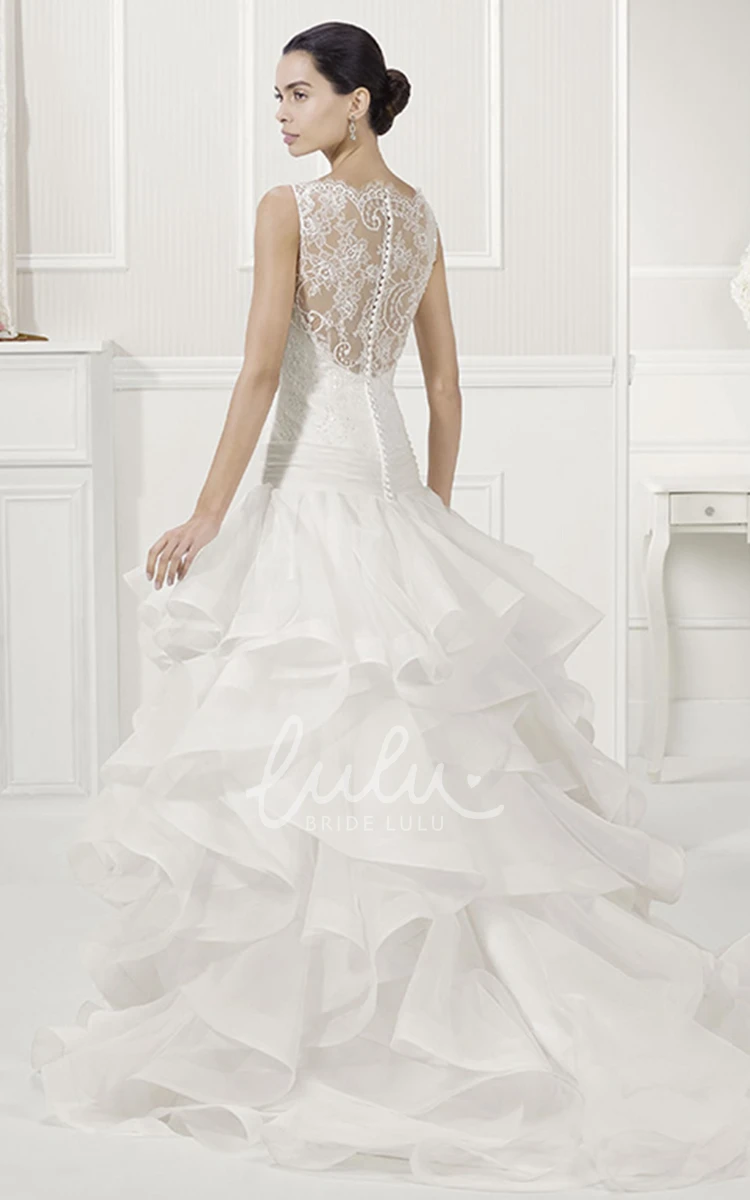 Drop Waist Tiered Organza Bridal Gown with Illusion Bateau Neck