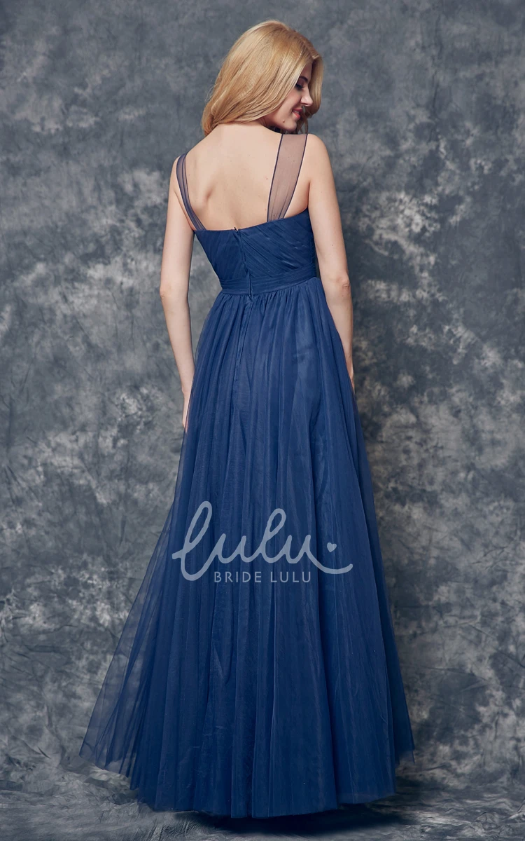 Illusion Sleeve A-line Tulle Bridesmaid Dress with Ruching