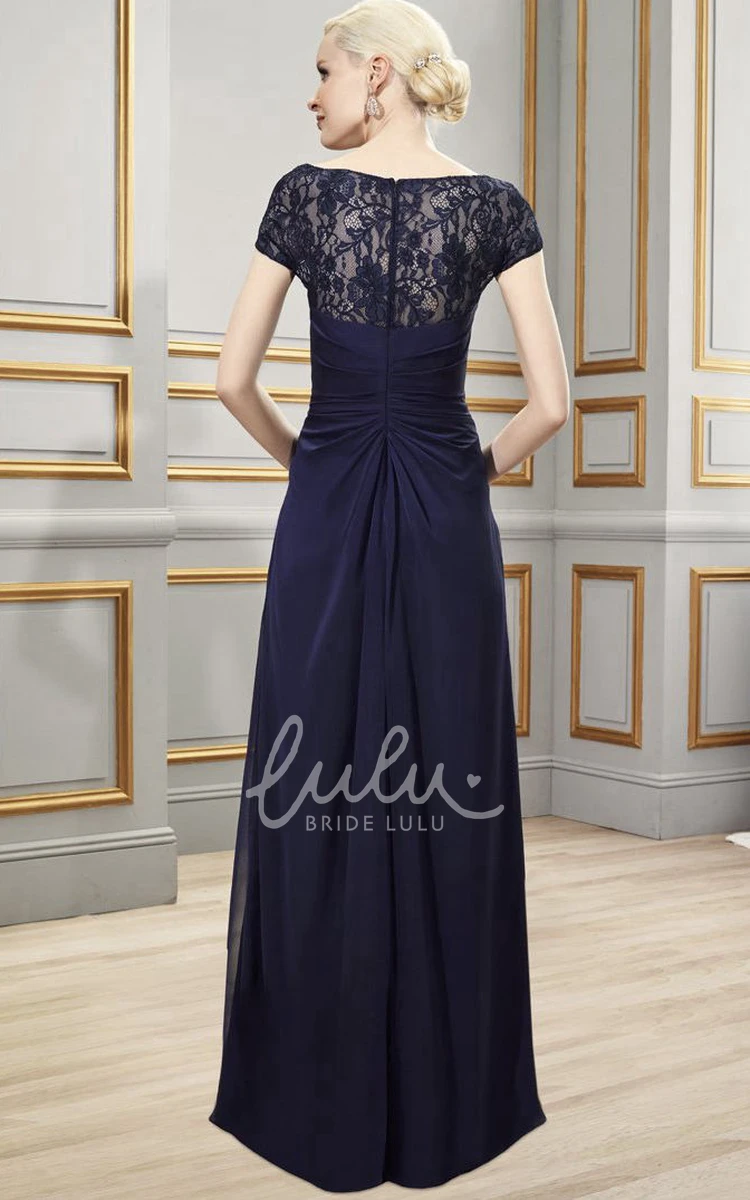 Long Sheath Chiffon Bridesmaid Dress with Short-Sleeves and Illusion Back