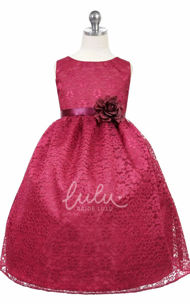 Tulle Midi Flower Girl Dress with Bowed Lace and Ribbon