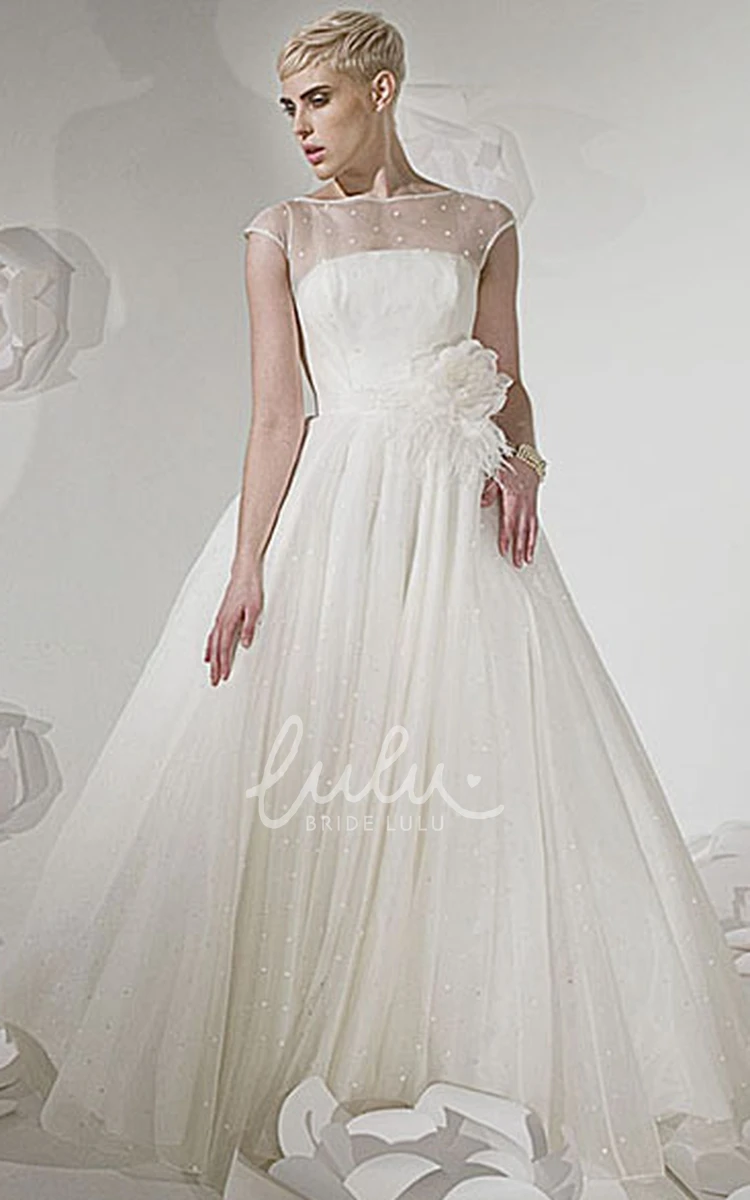 Illusion Flower Tulle Wedding Dress Ball Gown with Bateau-Neckline