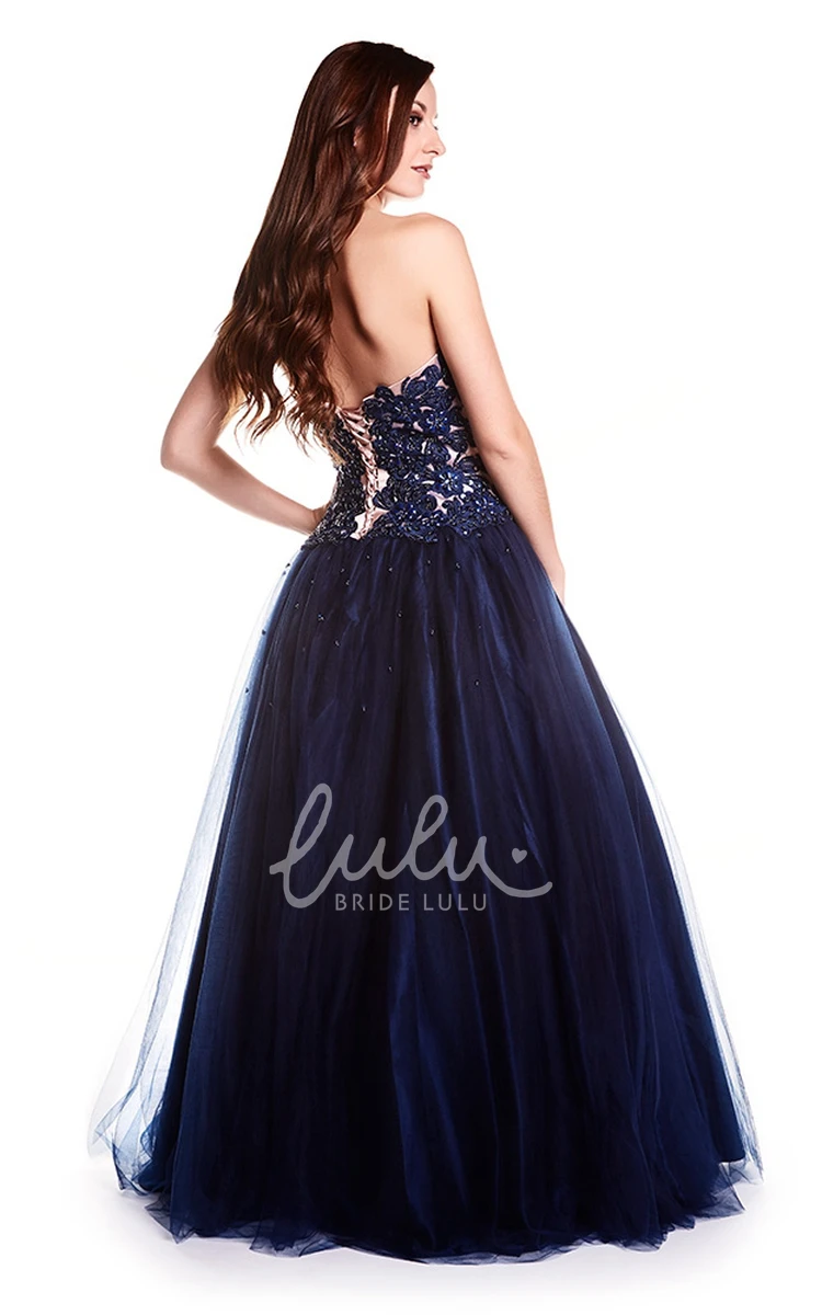 A-Line Appliqued Sweetheart Sleeveless Prom Dress Modern Tulle Dress with Lace-Up Back