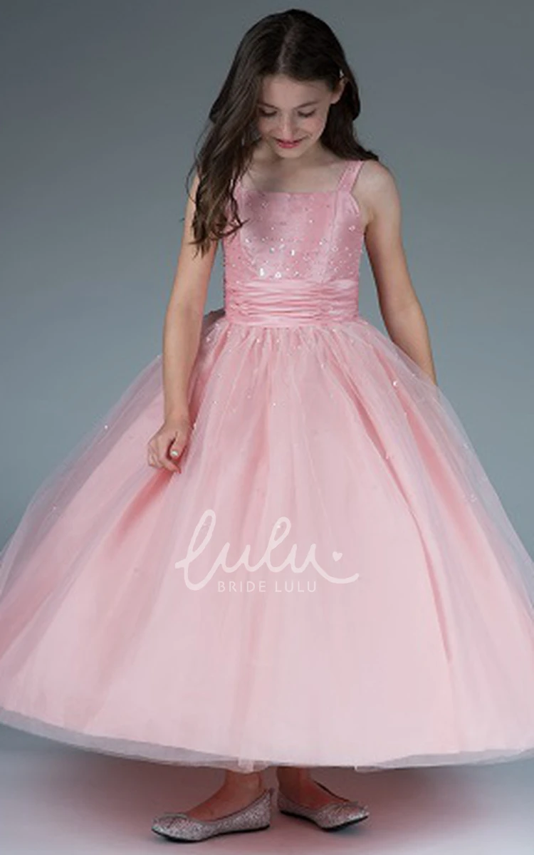 Sequined Tulle Ball Gown Flower Girl Dress with Square Neck