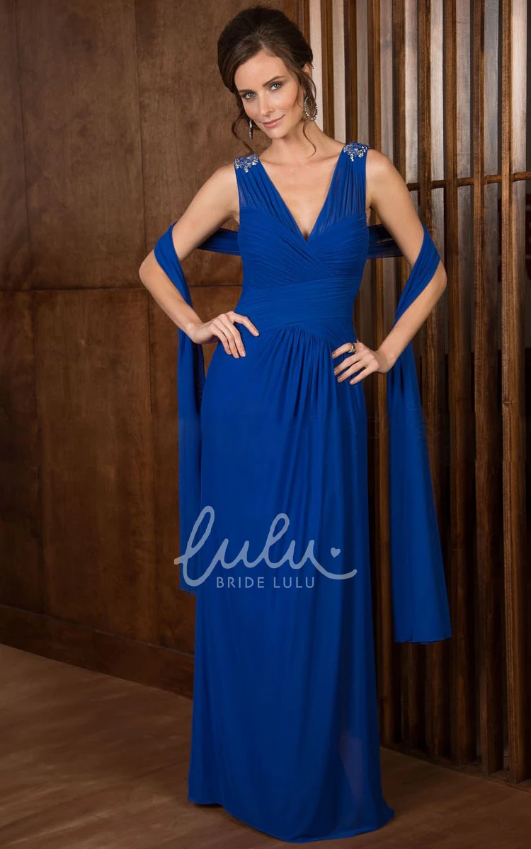 Jeweled Shoulder V-Neck Mother Of The Bride Dress Sleeveless Long with Shawl