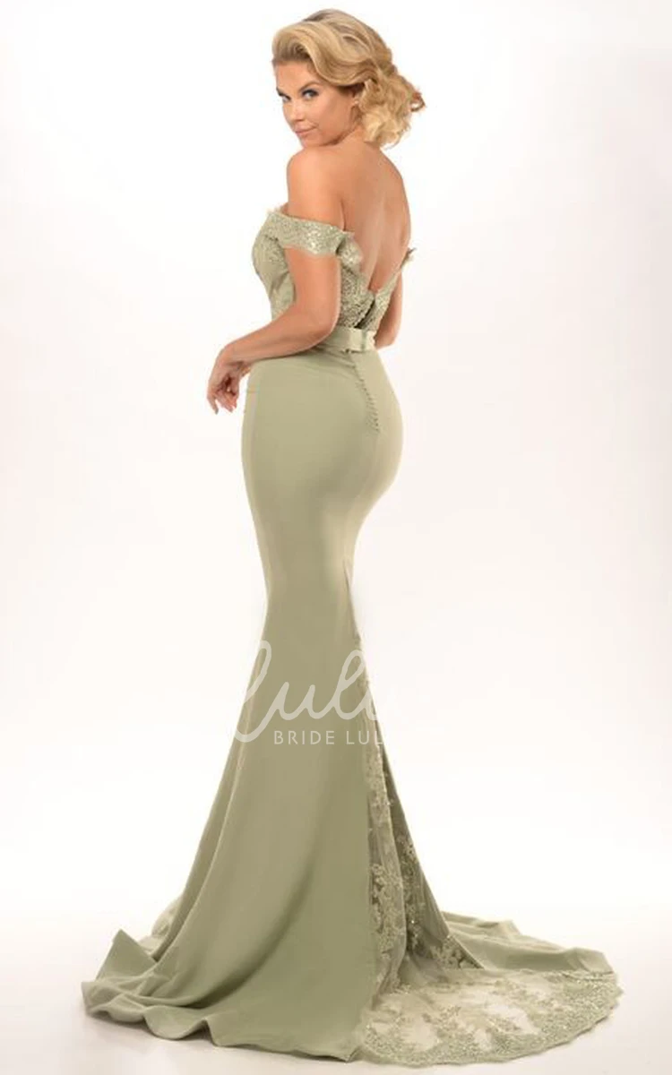 Off-The-Shoulder Appliqued Jersey Prom Dress with Sheath Silhouette