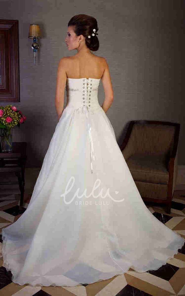 A-Line Organza Wedding Dress with Ruched Sweetheart Neckline and Corset Back Long and Elegant