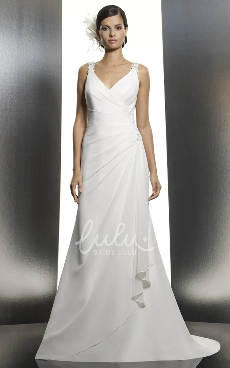 Satin V-Neck Wedding Dress with Lace and Low-V Back
