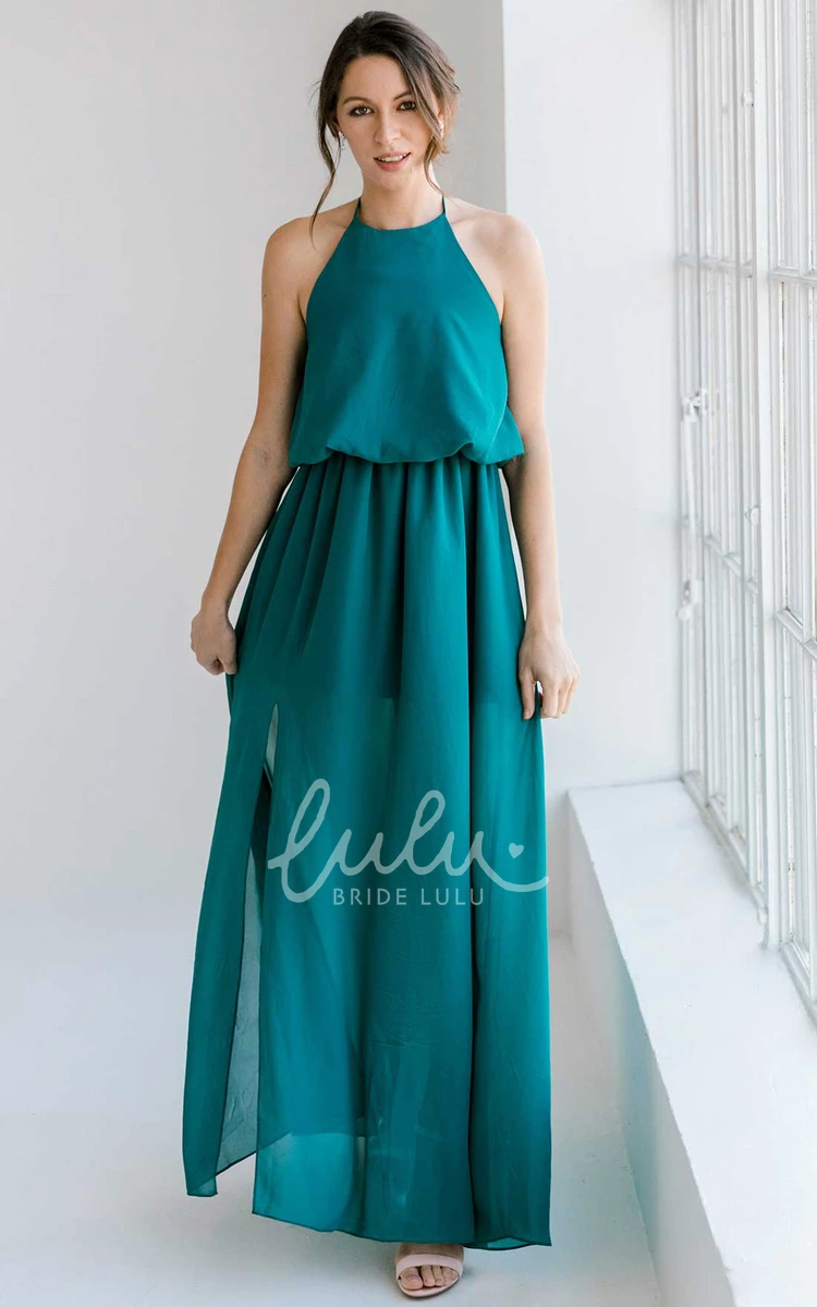 Sexy A-Line Chiffon Halter Neck Bridesmaid Dress with Split Front
