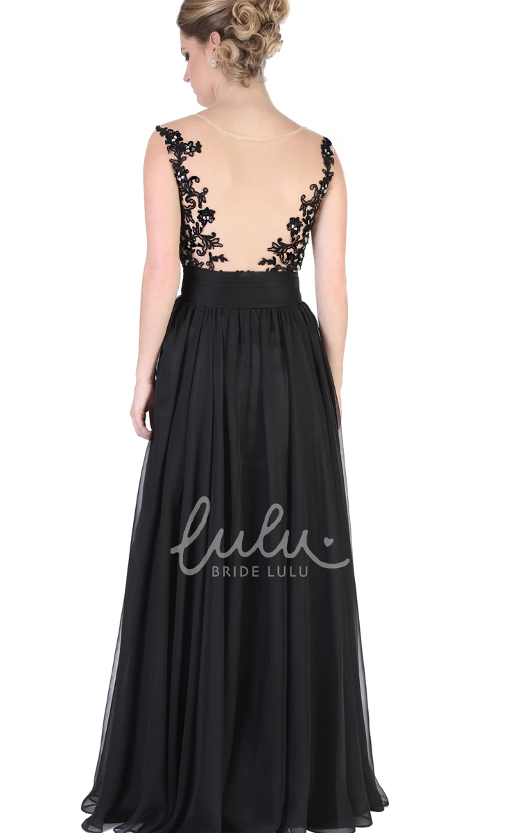 Appliqued Cap-Sleeve A-Line Evening Dress with Bateau-Neck and Pleats