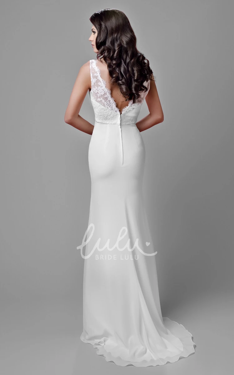 Sleeveless V-Neck Sheath Chiffon Gown with Lace Bodice Classy Bridal Dress