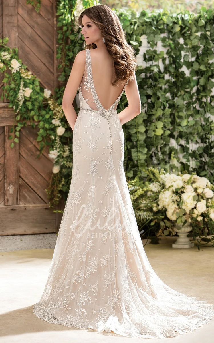 V-Neck Wedding Dress with Appliques and Deep V-Back Sleeveless Style