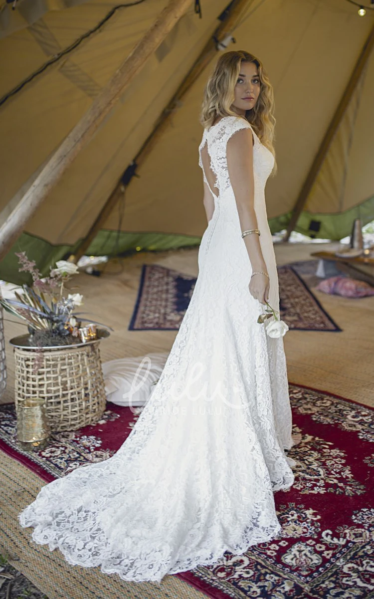 Elegant Lace Cap Sleeve Bridal Gown with V-neck and Keyhole Boho Wedding Dress