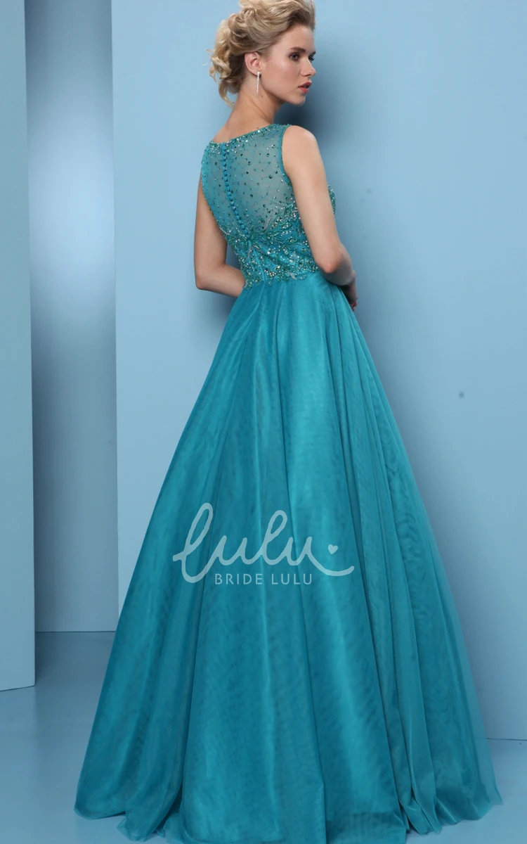 Beaded A-Line Prom Dress with Jewel-Neck and Pleats