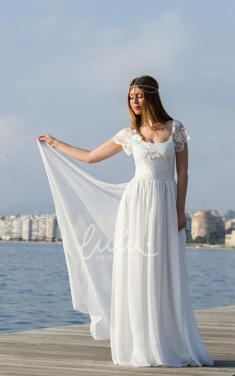 Backless Chiffon Wedding Dress with Lace and Flower Beach Wedding Dress