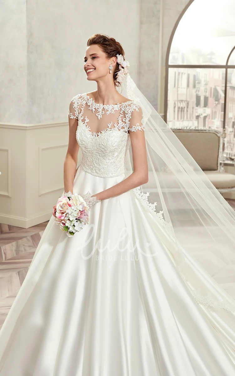 A-Line Wedding Dress with T-Shirt Sleeves and Pleated Satin Jewel-Neck Style