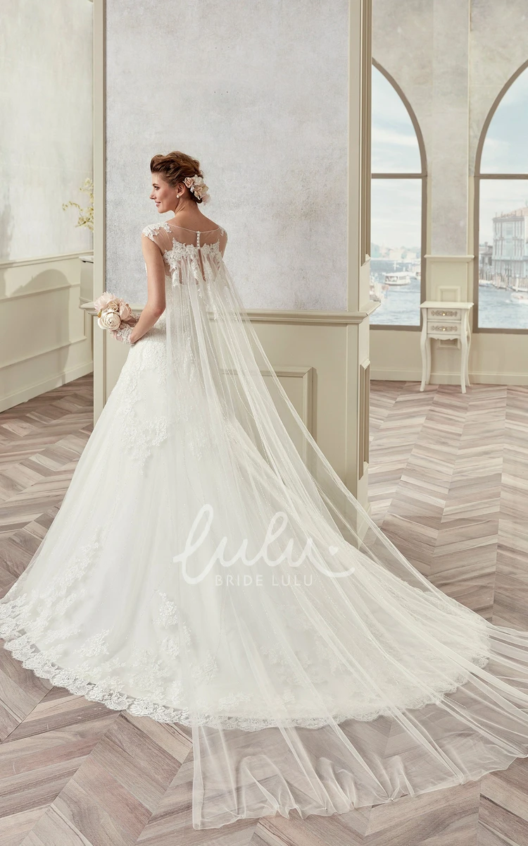 Lace A-Line Wedding Dress with Jewel Neckline and Cap Train Elegant Bridal Gown