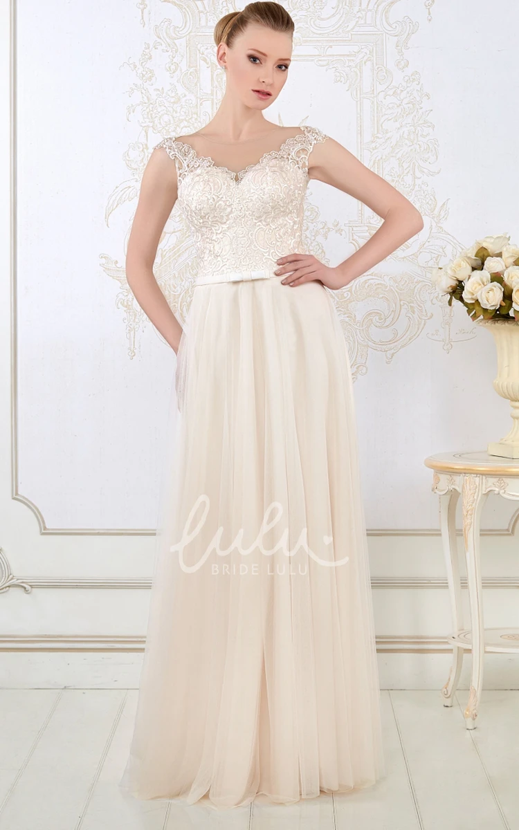 Cap-Sleeve Appliqued Tulle Sheath Wedding Dress V-Neck Floor-Length