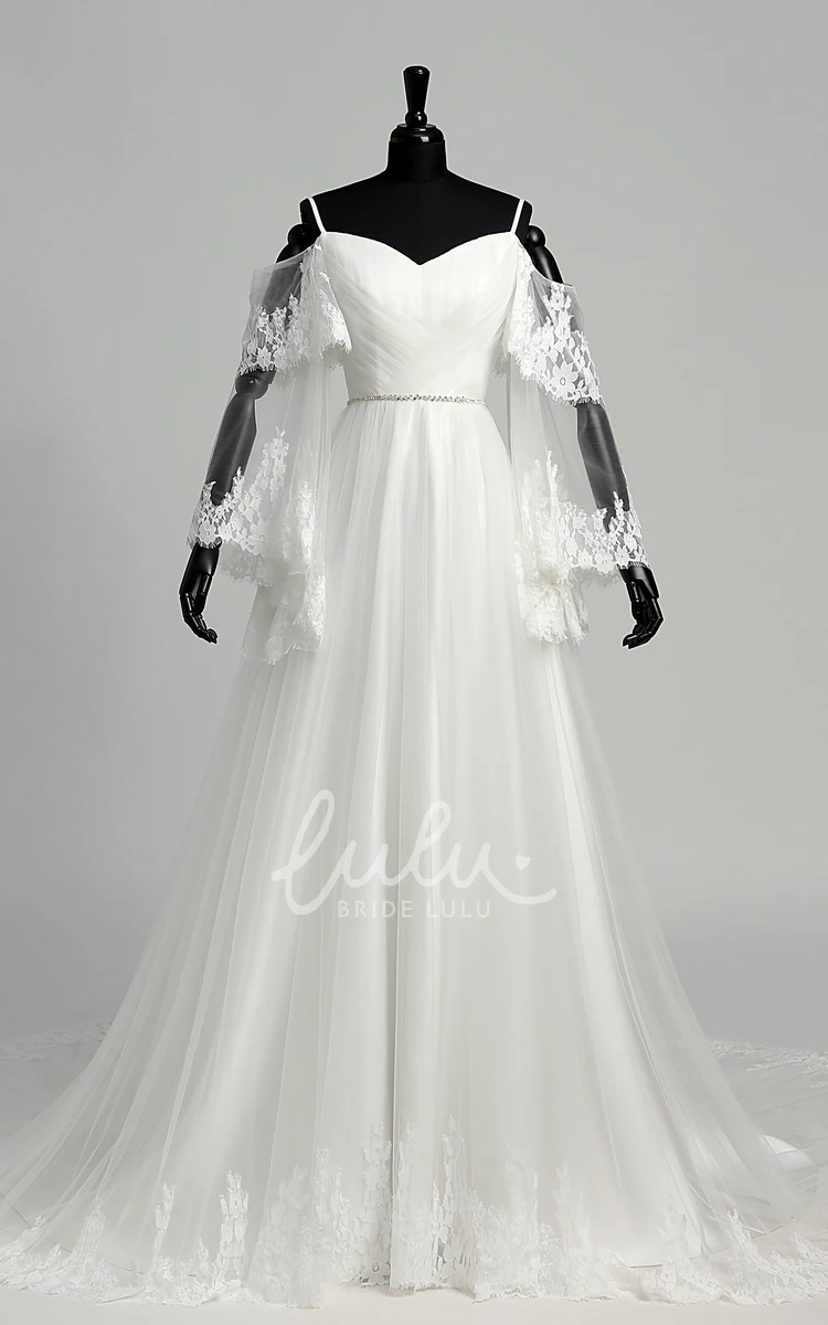 Tulle A-line Wedding Dress with Off-the-shoulder Neckline Spaghetti Straps Bell Sleeves and Illusion Details