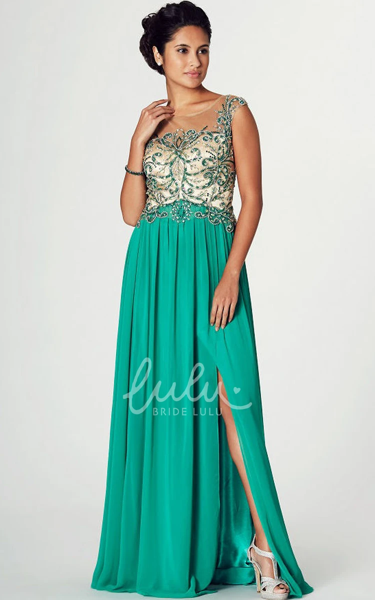 Split Front Cap-Sleeve Beaded Scoop-Neck A-Line Prom Dress Classy Evening Dress